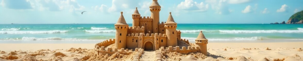 Intricate sandcastle with turrets, walls, and a moat, built on a sunny beach A beautiful example of childhood creativity and architectural ambition in miniature , sand, grains, bright