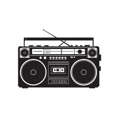 Retro boombox stereo system illustration in black and white vector art perfect for nostalgic music design projects and vintage tech themes
