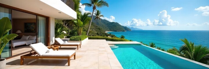 Luxury villa with private pool, breathtaking ocean views, spacious terrace, and lush gardens Perfect for a relaxing getaway , sunbeds, picturesque