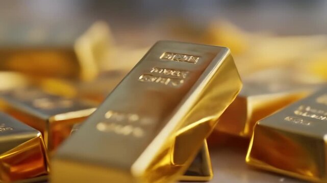 A shiny gold bar stack closeup of precious metal ingot, wealth investment concept, luxury finance asset, shimmering bullion treasure, economic banking prosperity, valuable currency reserve