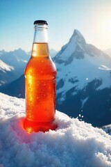 A frosted bottle of cold beverage rests on a snowy mountain peak, sunlight illuminating the condensation Crisp air, stunning vista, perfect refreshment , winter, adventure