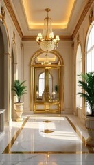 Gleaming Gold Foyer Luxurious Marble Floors, Elegant Chandelier, Grand Entrance - Perfect for Interior Design, Luxury Real Estate & Lifestyle Websites