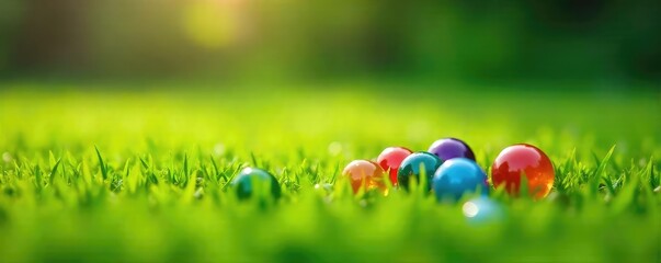 A handful of colorful marbles scattered on a lush green lawn, sunlight dappling the scene Perfect for games, childhood, spring, or nature themes , tranquility, green, beauty