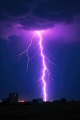 Dramatic close-up of a powerful bolt of lightning striking during a thunderstorm, illuminating the dark night sky The raw energy of nature captured in a single frame , lightning, fear, dramatic