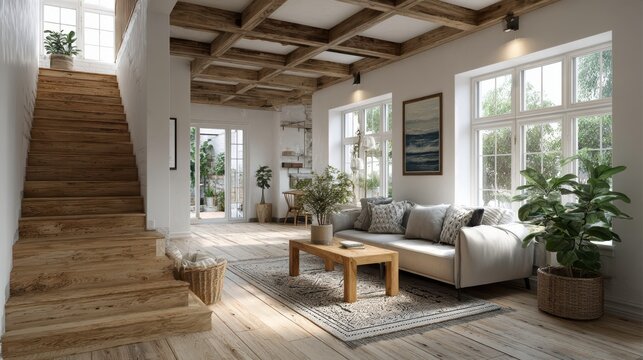 Dise&ntilde;o interior de casa de campo con sala de estar moderna con escalera de madera.