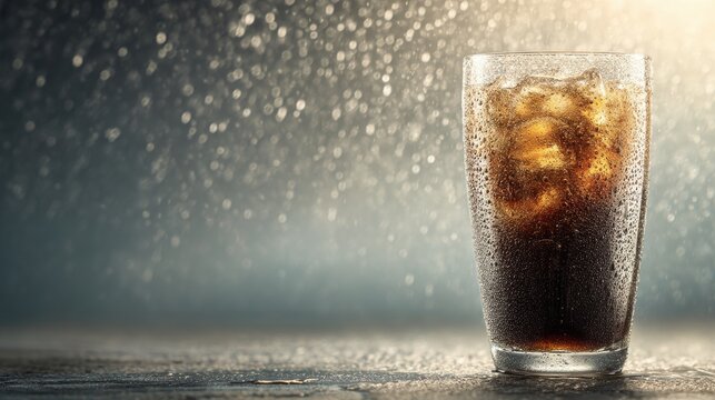 Close-up of a glass of fizzy cola with ice cubes, condensation, and sparkling bubbles in bright light