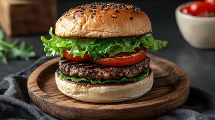 Delicious vegetarian burger with fresh lettuce and grilled tomatoes on a wooden plate, showcasing healthy eating and plant-based cuisine.