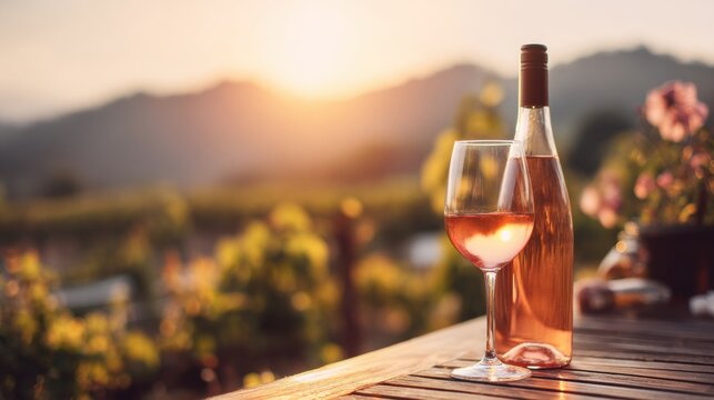 Bottle of ros? wine and filled wine glass on wooden table with sunset in scenic vineyard setting