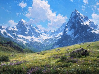 Fototapeta premium Serene Alpine Meadow with Snow-Capped Peaks and Wildflowers Under a Blue Sky, a Peaceful Mountain Landscape