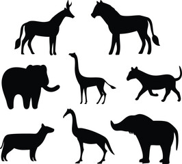 Set of wild african animal silhouettes isolated on white background