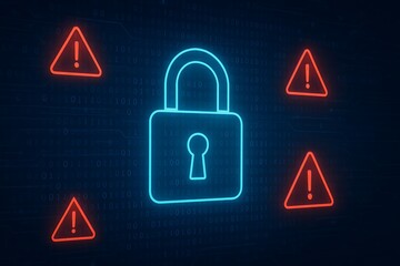 Glowing padlock icon with warning signs and binary code on a futuristic digital interface background, representing a cybersecurity breach concept.3D Rendering