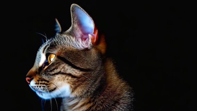 Mysterious tabby cat with striking golden eyes looks intensely, a perfect pet portrait for animal lovers, showcasing feline beauty against a dark backdrop, engaging and captivating