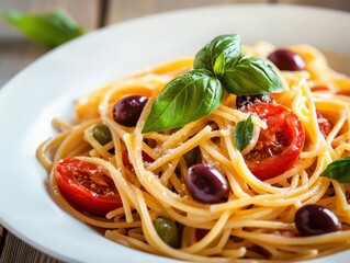 Delicious Vegetarian Pasta with Tomatoes, Olives, and Fresh Basil on Rustic Wooden Table, a perfect Italian Dish