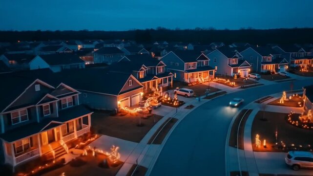 A Cinematic Aerial View of a Suburban Neighborhood at Twilight with Festive Lights, 4K Footage