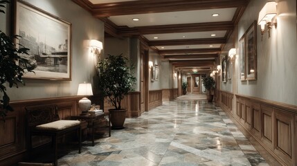 Pasillo con suelo de baldosas de piedra y paneles de madera.