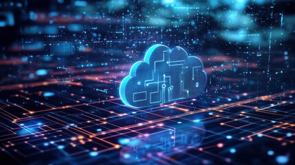A digital cloud icon on a glowing, futuristic circuit board background.