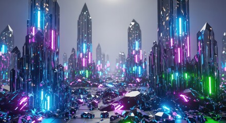 Futuristic Crystal Cityscape with Neon Lights and Sharp Geometric Structures