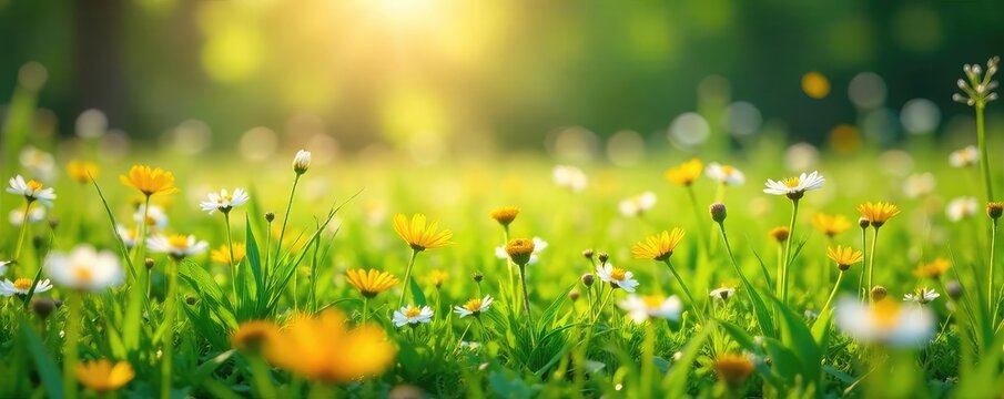 A vibrant green meadow bursting with wildflowers, sunlight illuminating dew-kissed petals, conveying a sense of renewal and revitalization , spring, peaceful, growth