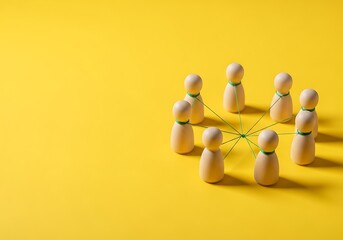 Conceptual image of wooden figures connected, representing teamwork, collaboration, and communication within a business or organizational setting on a vibrant yellow background.