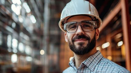 A man in a hard hat and safety glasses standing in a warehouse with a large metal structure in the background.