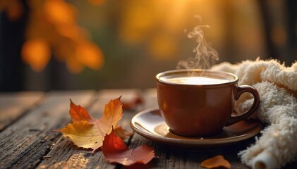 Warm steaming mug of coffee on a rustic wooden table, surrounded by cozy autumn leaves and a comforting blanket Perfect for a relaxing break , warmth, rustic
