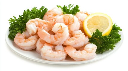 Fresh Shrimp on White Plate with Lemon and Green Parsley Garnish
