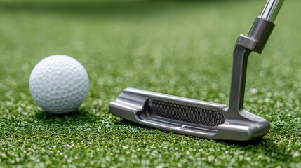 Focused close-up showing steady putter near golf ball with perfect alignment on textured turf