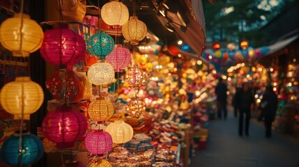 Vibrant Street Market with Colorful Lanterns and Festive Atmosphere