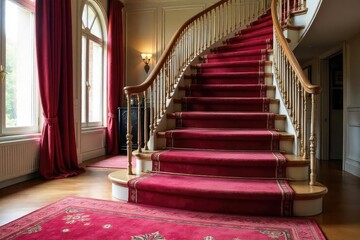 Luxurious Deep-Pile Carpet on Grand Staircase Warmth, Elegance, and Sophisticated Home Interior Design