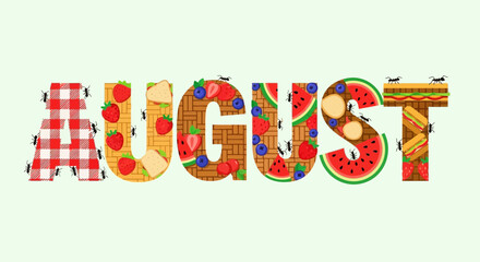 Fototapeta premium August picnic month illustration, summer treat with ant insect foraging meal