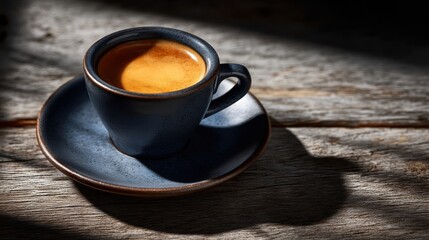 Fototapeta premium Ceramic cup of freshly brewed coffee on a rustic wooden table with dramatic lighting