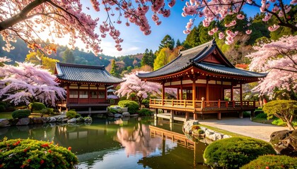 Naklejka premium Japanese temple garden in spring
