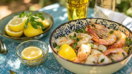 Fresh Shrimp Salad Served with Lemon on Outdoor Table Setting
