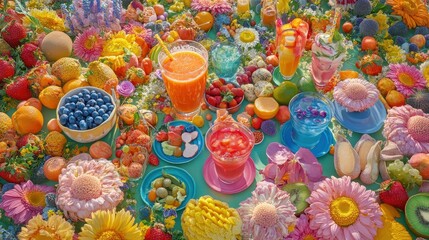 Fototapeta premium Vibrant Summer Table Setting with Fruits, Flowers and Refreshing Drinks