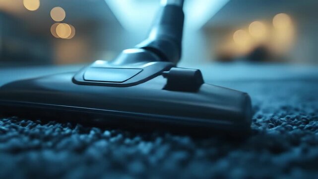Close-up of a vacuum cleaner head on a carpeted floor at night