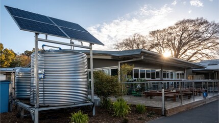Obraz premium Solar Panels and Water Tanks at Eco-Friendly Building Structure