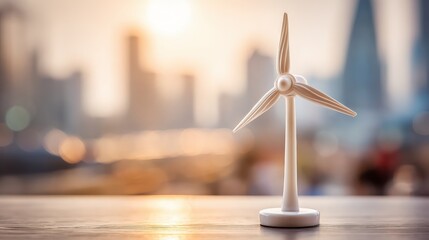 Miniature wind turbine model against sunset city skyline background