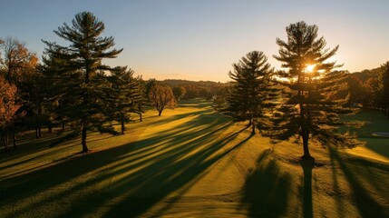 Fototapeta premium Golf course at sunset with golden light casting long shadows over the fairway and silhouetted trees in the distance