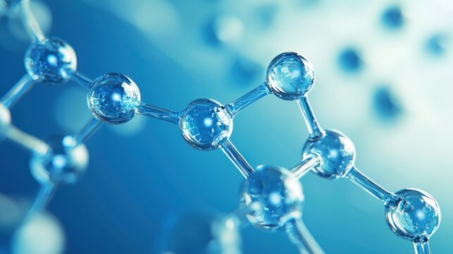 Glass molecules on a blue background. The science concept of chemistry and molecular structure.