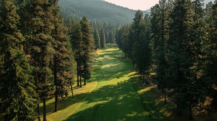 Golf course with a long fairway lined by tall trees, showing strategic design elements for an exciting game