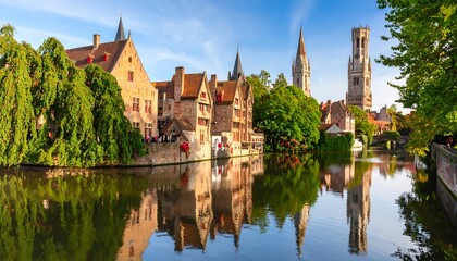 Obraz premium European canal town reflected in water