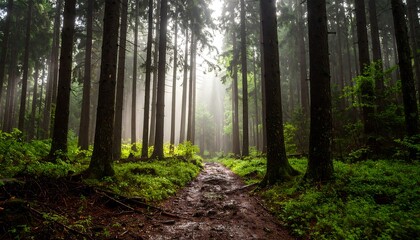 Fototapeta premium Misty forest path, sunlight filtering through tall trees, lush green undergrowth