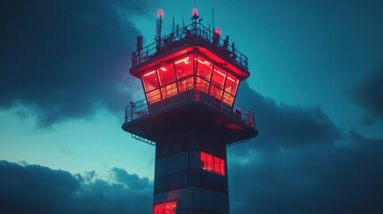 Illuminated Control Tower Against Dramatic Sunset Sky