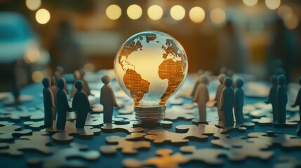 Illuminated Globe Surrounded by Puzzle Pieces and Silhouetted People