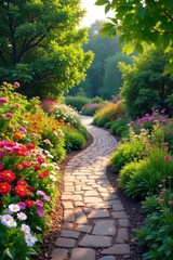 Fototapeta premium Winding garden path adorned with vibrant flowers and lush greenery, creating a picturesque and inviting walkway Ideal for landscaping, gardening, and nature-themed projects , romantic, charming