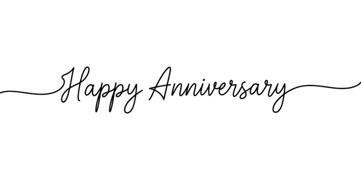 Creative continuous single line drawing illustration featuring Happy Anniversary text design isolated on white background ideal for modern minimalist greeting art poster or card design