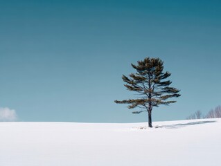 Solitary Pine Tree: Tall and Stark Against Pristine Snowy Landscape