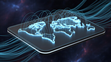 World map on a digital tablet representing global network and connectivity