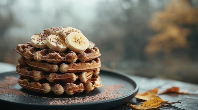waffles topped with banana slices, chocolate drizzle, and a sprinkle of cocoa powder, placed on a dark plate with a blurred background - Powered by Adobe