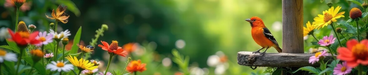 Fototapeta premium Vibrant Perch Garden A Thriving Haven for Birds and Pollinators, Bursting with Colorful Flowers and Lush Greenery. Ideal for Nature Lovers and Gardening Enthusiasts.